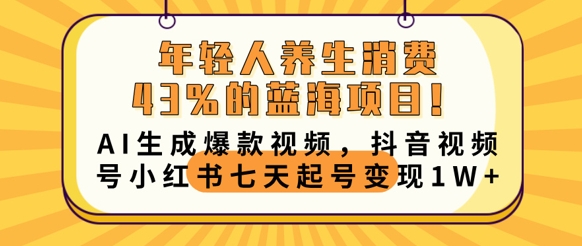 年轻人养生消费43%的蓝海项目,AI生成爆款视频,抖音视频号小红书七天起号变现1w-极客星球